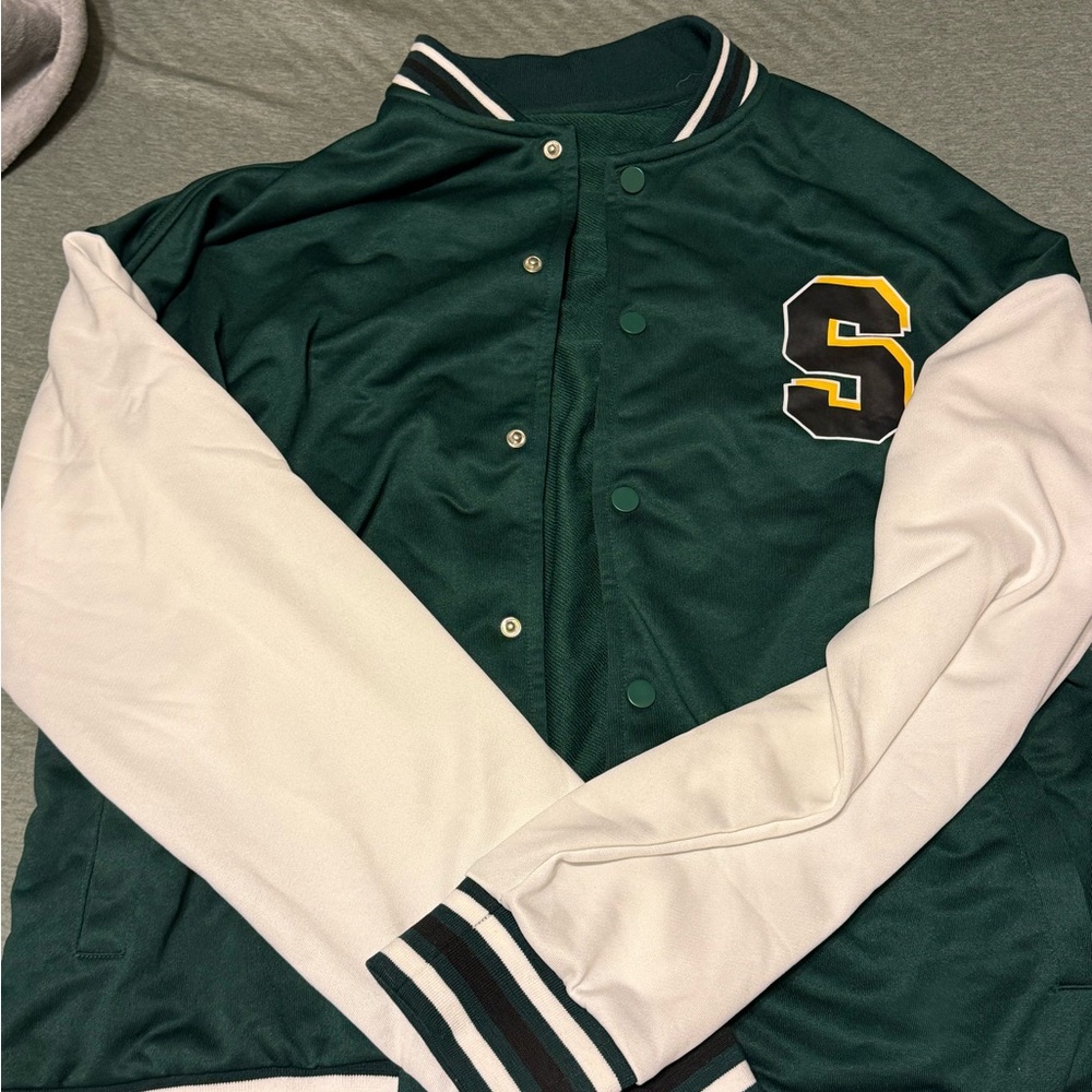 SHEIN Green and White Varsity Jacket